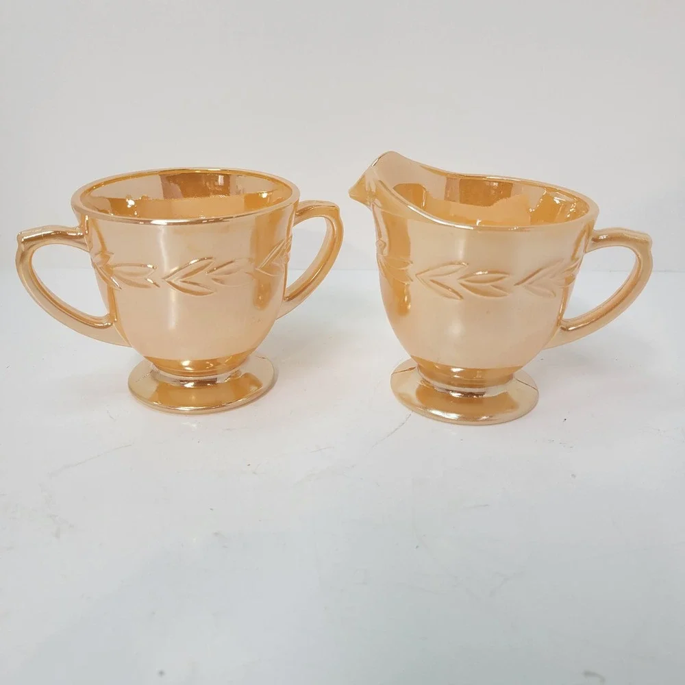 Vintage‎ Fire King Peach Lustre Creamer and Sugar Bowl Set Laurel Leaf